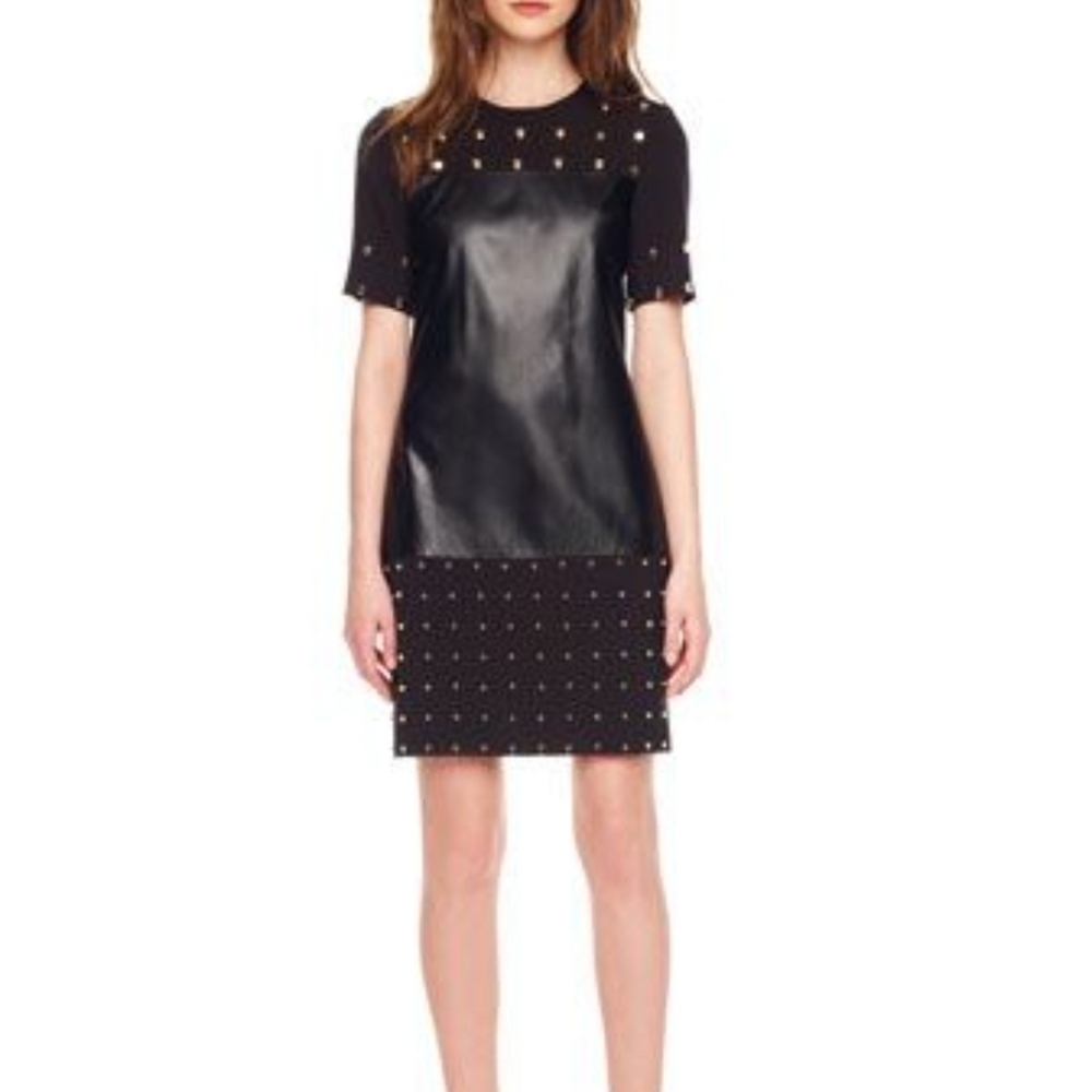 Michael Michael Kors Black Leather Gold Studded Midi Dress Size 0 - Picture 2 of 16